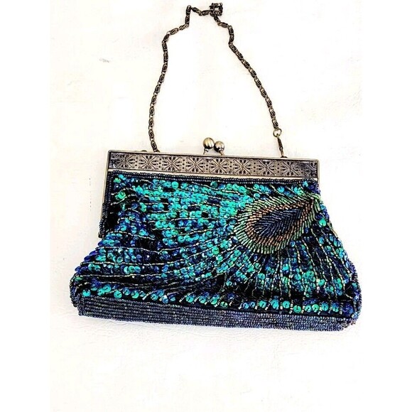Vintage Women Evening Clutch Bag Handmade Beaded Peacock Wedding Party Handbag - Picture 2 of 6